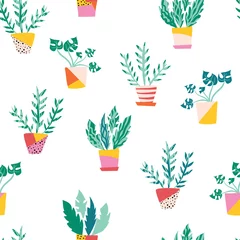 Tapeten Blumentöpfe nahtlose Vektormuster. Wiederholendes Muster mit Topfpflanzen im flachen skandinavischen Stil. Gestaltung von Zimmerpflanzen. Verwenden Sie für Stoff, Tapete, Verpackung © StockArtRoom