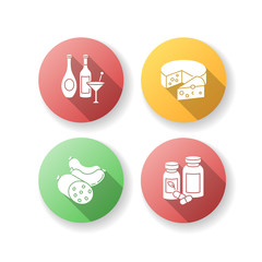 Grocery items flat design long shadow glyph icons set