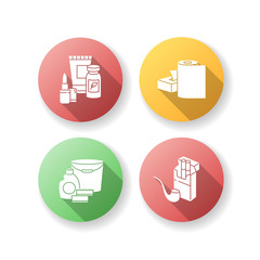 Grocery products flat design long shadow glyph icons set