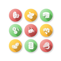Grocery food flat design long shadow glyph icons set