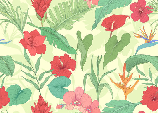 Seamless pattern with tropical flowers and palm leaves © Hmarka