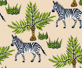 Fototapeta na wymiar Vector background hand drawn exotic wild zebra. Hand drawn ink illustration. Modern ornamental decorative background. Vector pattern. Print for textile, cloth, wallpaper, scrapbooking