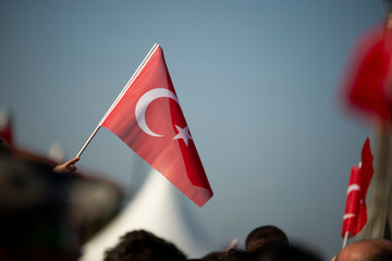 October 29 Republic day of Turkey. Crowded people in the square of Gundogdu and Turkish flags in...
