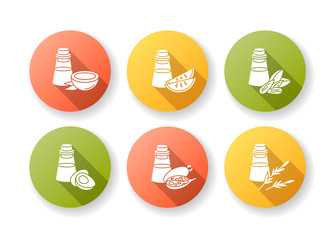 Hair oils flat design long shadow glyph icons set. Avocado and rosemary beauty product. Kalahari melon seed essence in glass jar. Coconut oil in container. Silhouette RGB color illustration.