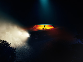 Fototapeta na wymiar The car in the shadows with glowing lights in low light, mistery concept. 3d rendering