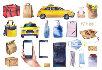 Home delivery in quarantine. Online ordering home products. Set of watercolor illustrations on a white background: taxi, thermo bag, boxes, packages, mask, antiseptics, phone, door.