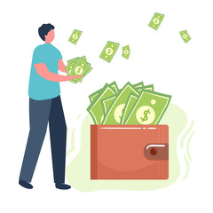 man hold money, dollars, wallet lot of money. Savings, investing money. Finance, Investment. for Jar Making Saving, Deposit Web Page Banner. Cartoon Flat Vector Illustration