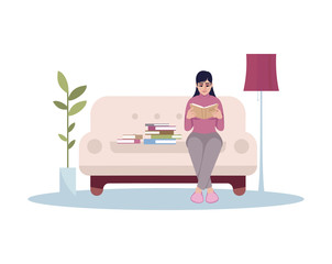Fototapeta premium Woman reading book semi flat RGB color vector illustration