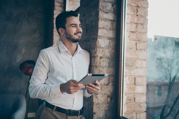 Profile side view of his he nice attractive confident cheerful dreamy man employee company owner...