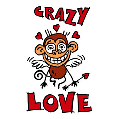 Monkey in love with hearts over his head, wings and cupid's arrow in his hand, crazy love, valentine's day motif, color cartoon joke