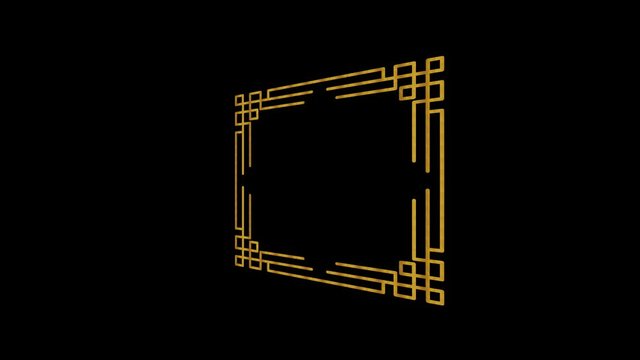 Gold Art Deco pattern on a minimal black background, tilted horizontally initially to the left then moves to the right, composed of colored shapes, in 4k 16: 9 video format.