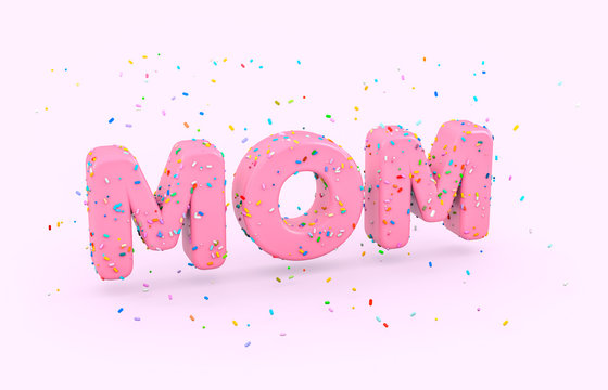 Glazed donut Font with colorful sprinkles. Abstract 3d MOM word alphabet on isolated background. 