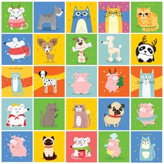 Cool cats, mouses, pigs and dogs. Vector trendy hipster style greeting cards design, t-shirt print, inspiration poster.