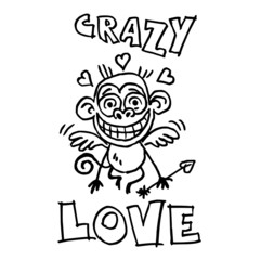 Monkey in love with hearts over his head, wings and cupid's arrow in his hand, crazy love, valentine's day motif, black and white cartoon joke