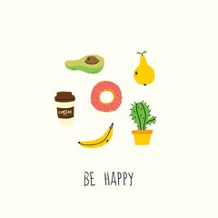 Be Happy. Hand drawn doodle pre made logo in cartoon style and flat design.