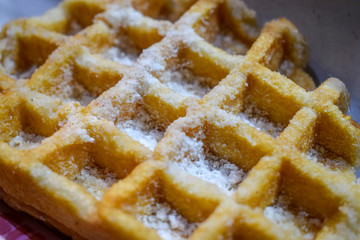 Close up waffle with powdered sugar, Camden, London, UK