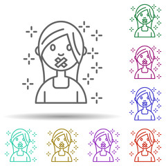 Freedom of speech woman no talking multi color icon. Simple thin line, outline vector of no gubernamental organization icons for ui and ux, website or mobile application