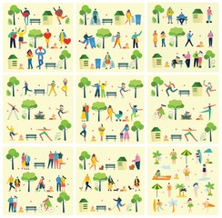 Vector illustration background in flat design of group people walking outdoor in the park on weekend