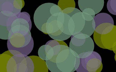 Multicolored translucent circles on a dark background. Green tones. 3D illustration