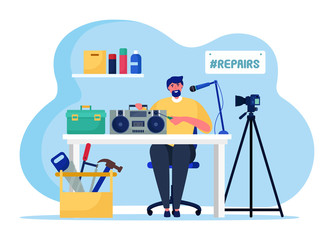 Music radio online streaming, male character broadcasting host isolated on white, flat vector illustration. Video blog repairing broadcast audio equipment, working repairman sit table.