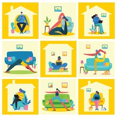 Stay and work at home. People staying at home for prevent virus Covid19 in the flat style