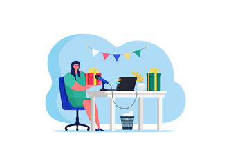 Video blogger online streaming, female character internet broadcasting host isolated on white, flat vector illustration. Lifestyle blog broadcast audio, woman sit table with personal computer, laptop.