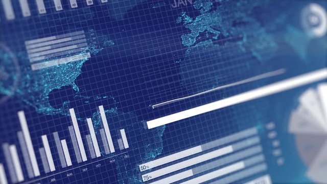 3D animation of graphs and charts over globe map background. Blue corporate abstract