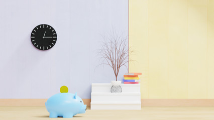 Piggy bank on wooden table in home, Financial and saving concept. 3d render.