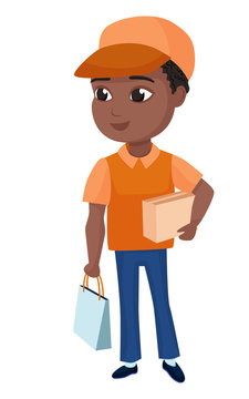 Essential workers delivery man with groceries. Frontliner works vector illustration for kids.