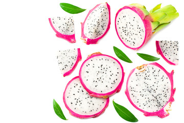 Sliced Ripe Dragon fruit isolated on white background. Pitaya or Pitahaya. Top View