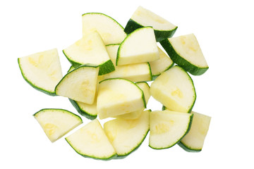 fresh green zucchini slices isolated on white background. top view