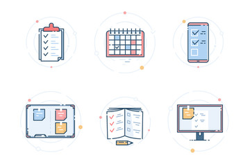 Icons for task management. Ways to control tasks: checklist, notepad, smartphone, program, calendar, kanban board. Vector flat linear illustration.