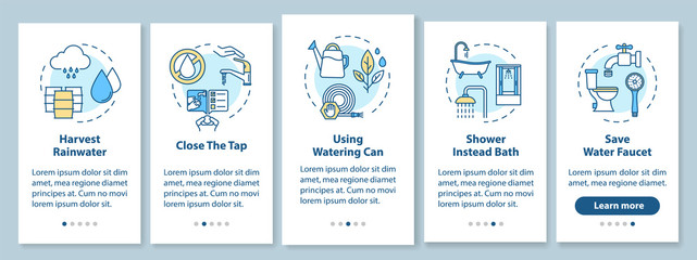Water saving tips onboarding mobile app page screen with concepts