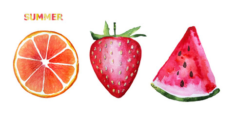 Red fruit set. Set of red watermelon slice, grapefruit slice, strawberry. Fresh Summer watercolor illustration. Fruit isolated on white
