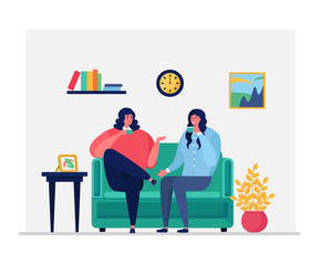 Daily routine woman character, couple female sitting drink tea, coffee isolated on white, flat vector illustration. Girl talk friendly conversation, cozy room interior people relax dialogue.