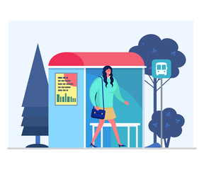 Daily city street walking routine woman character, female waiting bus station isolated on white, flat vector illustration. Businesswoman ride to meeting, urban public transportation system.