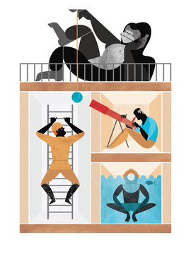 Illustration of house with man and monkey