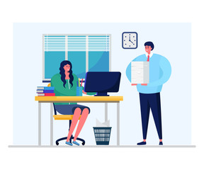 Business department daily work processes, woman character office employee isolated on white, flat vector illustration. Female boss give task male company member, workflow industry trial.