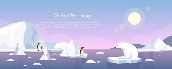 Global warming ice landscape vector illustration. Cartoon flat penguins group and polar bear floating on iceberg of melting arctic or antarctic glacier in north sea. Global warming concept background