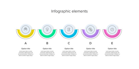 Business process chart infographics with 5 step circles. Circular corporate workflow graphic elements. Company flowchart presentation slide template. Vector info graphic design.