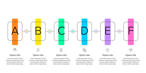 Business process chart infographics with 6 step circles. Circular corporate workflow graphic elements. Company flowchart presentation slide template. Vector info graphic design.