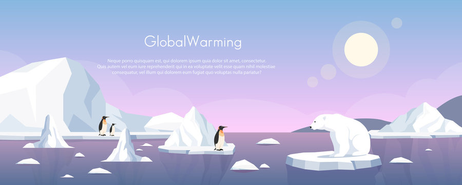 Global warming ice landscape vector illustration. Cartoon flat penguins group and polar bear floating on iceberg of melting arctic or antarctic glacier in north sea. Global warming concept background