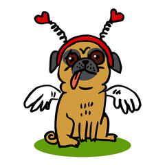 Pug dog with wings like an angel sitting with a headband with hearts, valentine's day motif, colorful cartoon joke