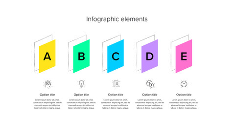 Business process chart infographics with 5 step circles. Circular corporate workflow graphic elements. Company flowchart presentation slide template. Vector info graphic design.