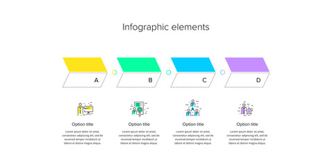 Business process chart infographics with 4 step circles. Circular corporate workflow graphic elements. Company flowchart presentation slide template. Vector info graphic design.