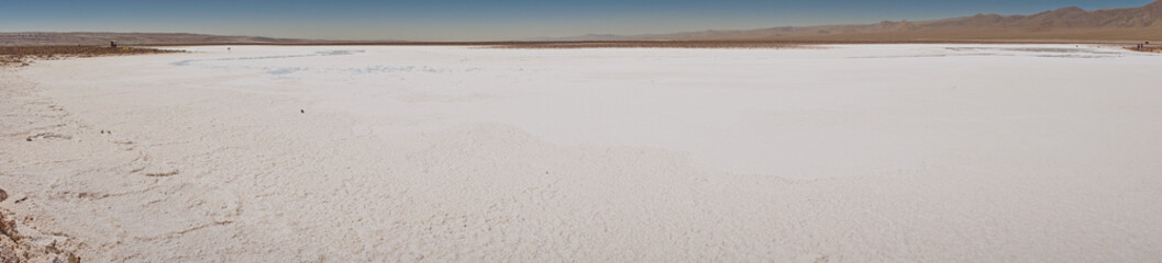 Panoramic view of the salars and suerfaces of the Hidden Lagoons of Baltinache. San Pedro de Atacama, Antofagasta - Chile. Desert. Andes Range & Route B241.