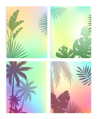 Fototapeta na wymiar Background with summer leaves vector illustration set. Cartoon flat silhouettes of green coconut palm tree leaf, plant of tropical nature, exotic jungle. Floral border design for flyer, banner, poster