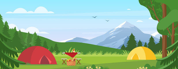 Summer camping vector illustration. Cartoon flat tourist camp with picnic spot and tent among forest, mountain landscape on sunny day. Outdoor nature adventure, active tourism in summertime background - obrazy, fototapety, plakaty