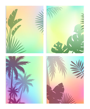 Background with summer leaves vector illustration set. Cartoon flat silhouettes of green coconut palm tree leaf, plant of tropical nature, exotic jungle. Floral border design for flyer, banner, poster
