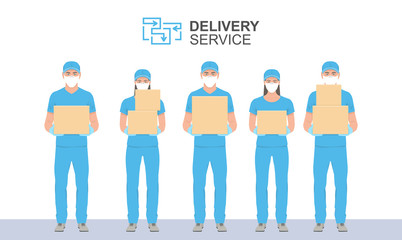 Delivery People in blue uniform holding the box in medical rubber gloves and mask. Delivery service. Flat Style. isolated on white background
